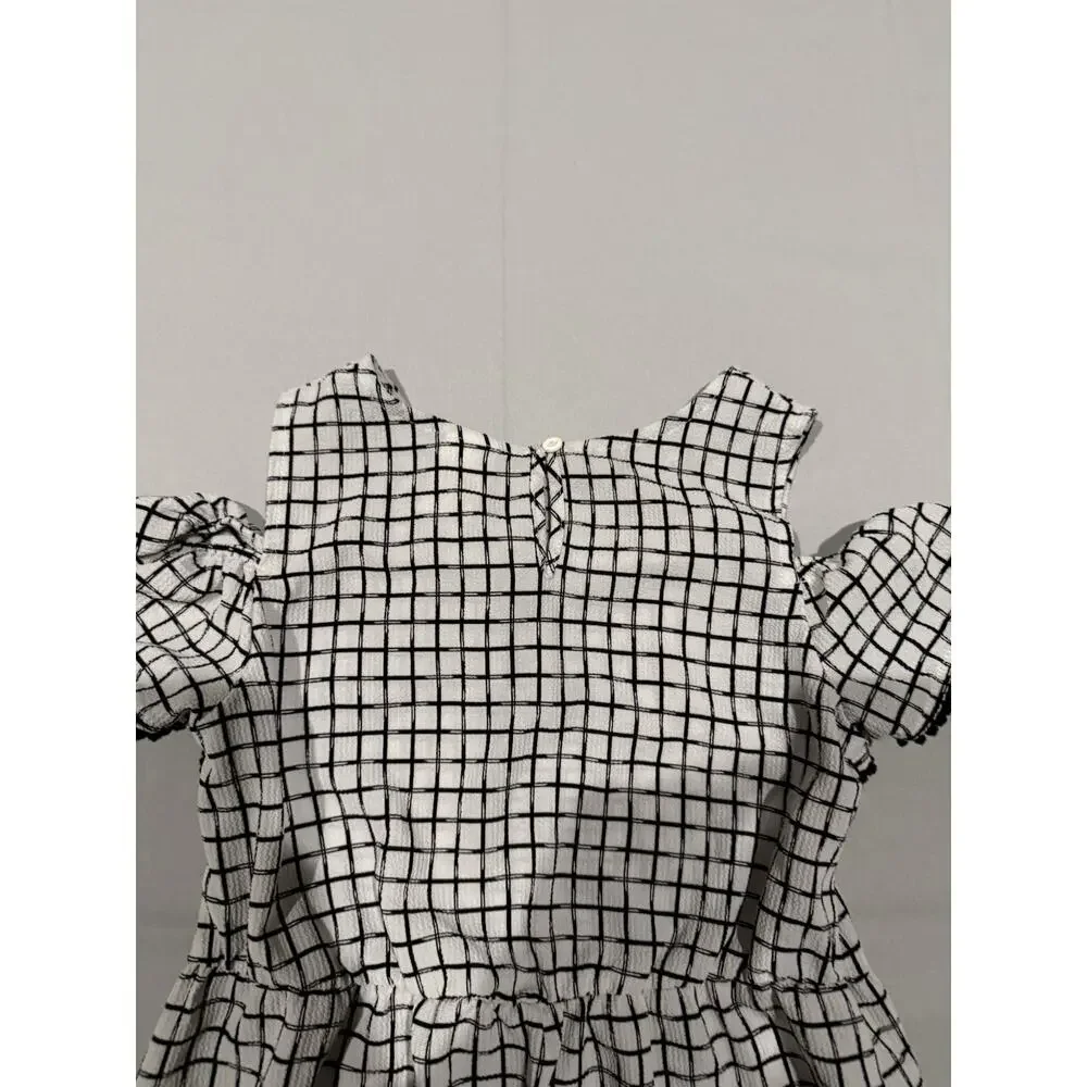 Wonder Nation Girls M (7-8) Black White Check A-Line Cold Shoulder Ruffle Dress